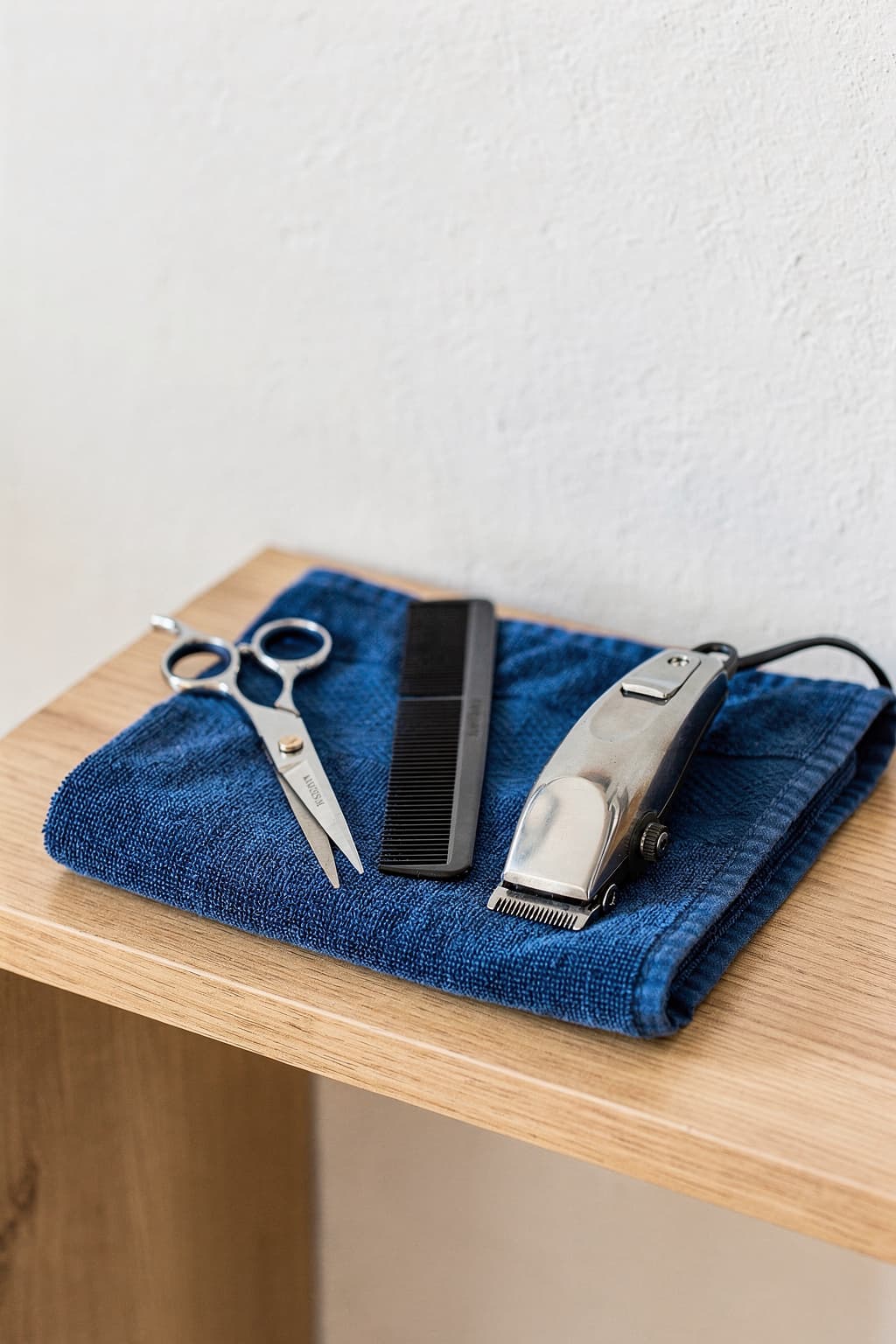 Schere, Kamm und Haarschneidemaschine auf blauem Frottee